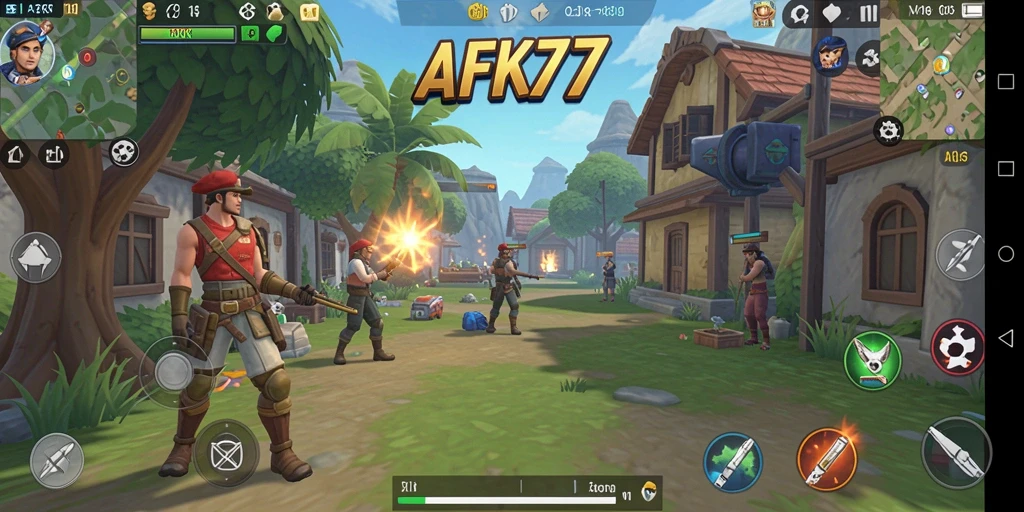 Tampilan gameplay AFK77 dengan karakter cerah dan mini-game menarik.