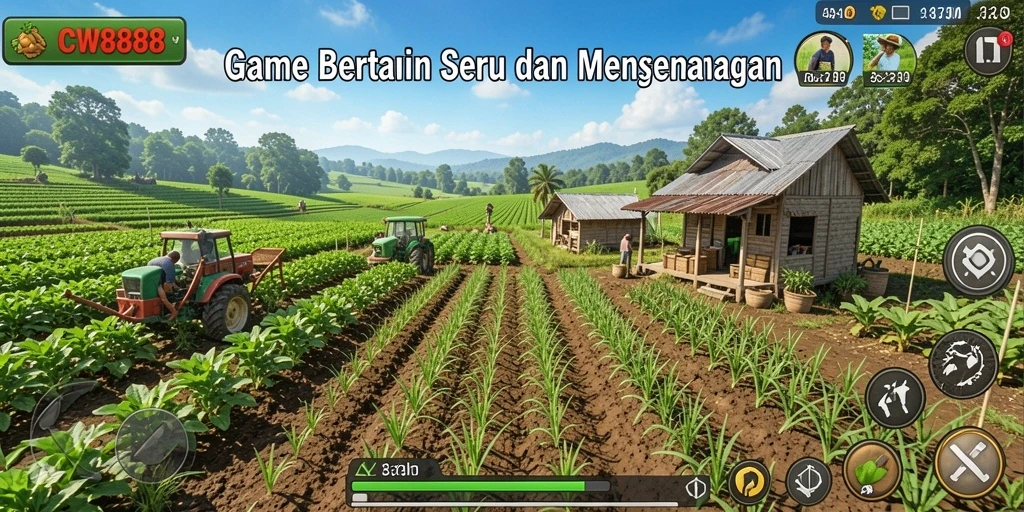 Tangkapan layar gameplay CW8888 yang menampilkan ladang subur dan hewan ternak.