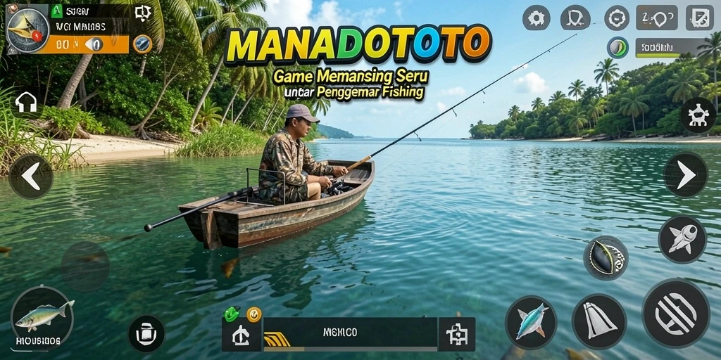 Tampilan gameplay MANADOTOTO yang menampilkan aktivitas memancing yang menarik.
